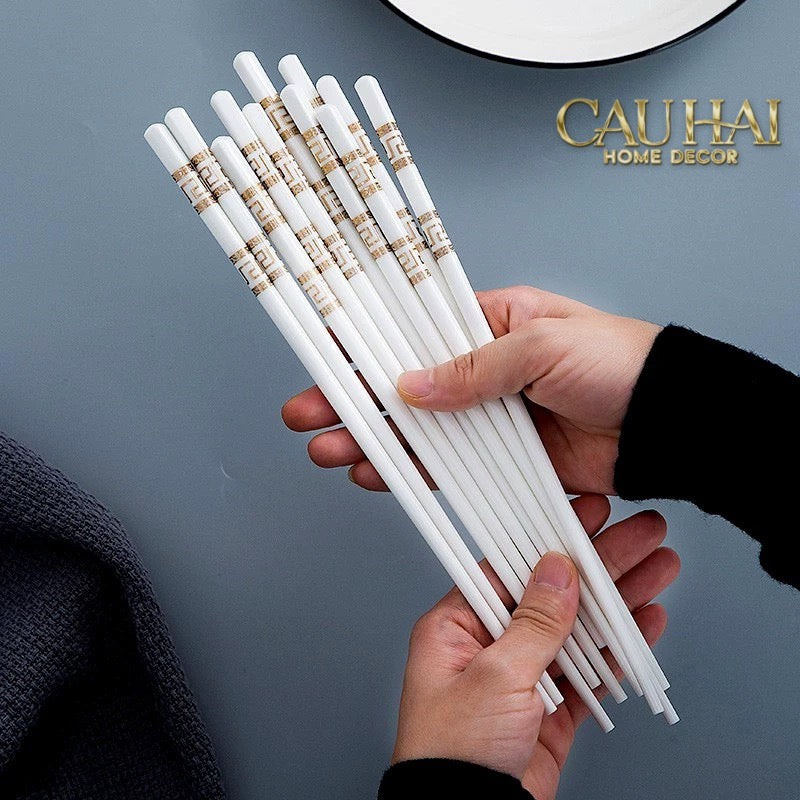 Set 10 Đôi Đũa Sứ V Class White Gold Greek Key Atélier Porcelain Chopsticks-Dinner Cutlery Set Dao Muỗng Nĩa-CẬU HAI HOME DECOR