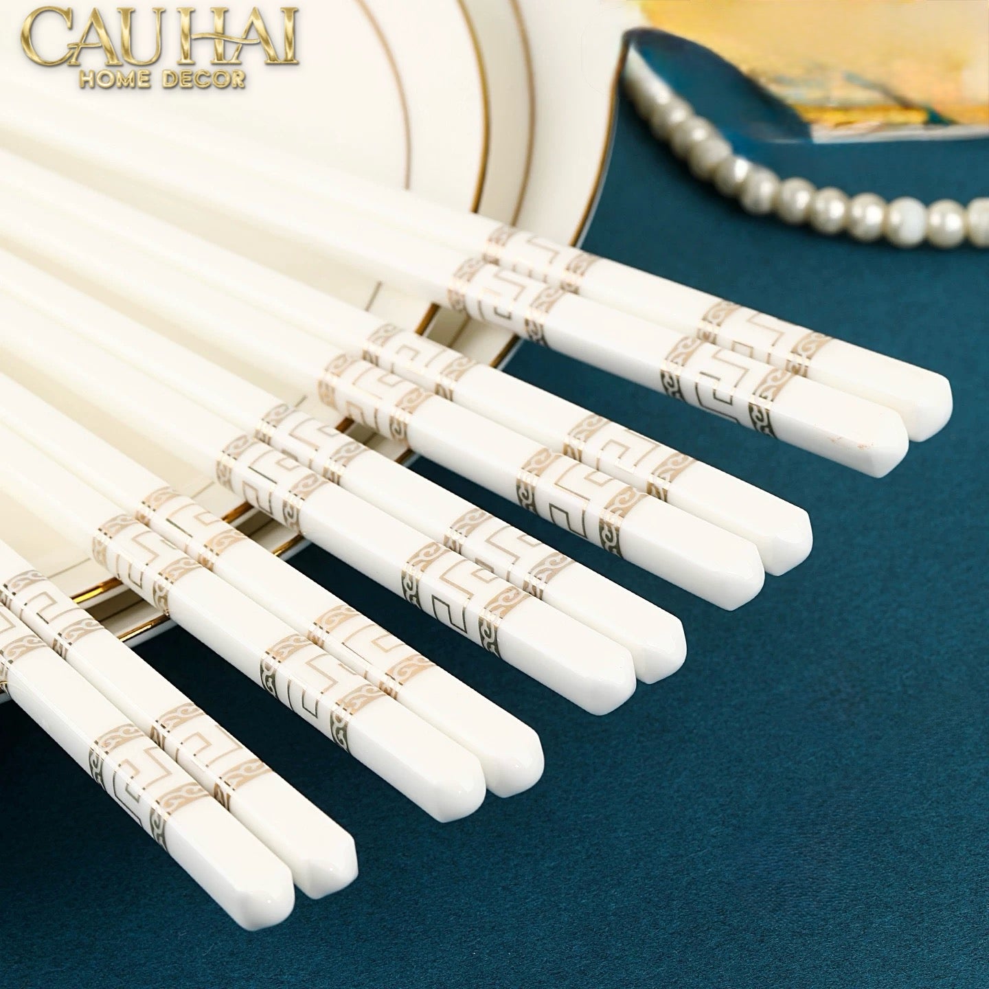 Set 10 Đôi Đũa Sứ V Class White Gold Greek Key Atélier Porcelain Chopsticks-Dinner Cutlery Set Dao Muỗng Nĩa-CẬU HAI HOME DECOR