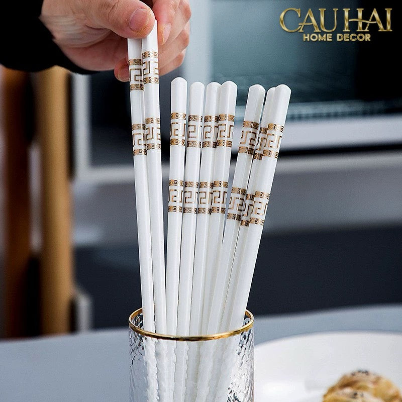 Set 10 Đôi Đũa Sứ V Class White Gold Greek Key Atélier Porcelain Chopsticks-Dinner Cutlery Set Dao Muỗng Nĩa-CẬU HAI HOME DECOR