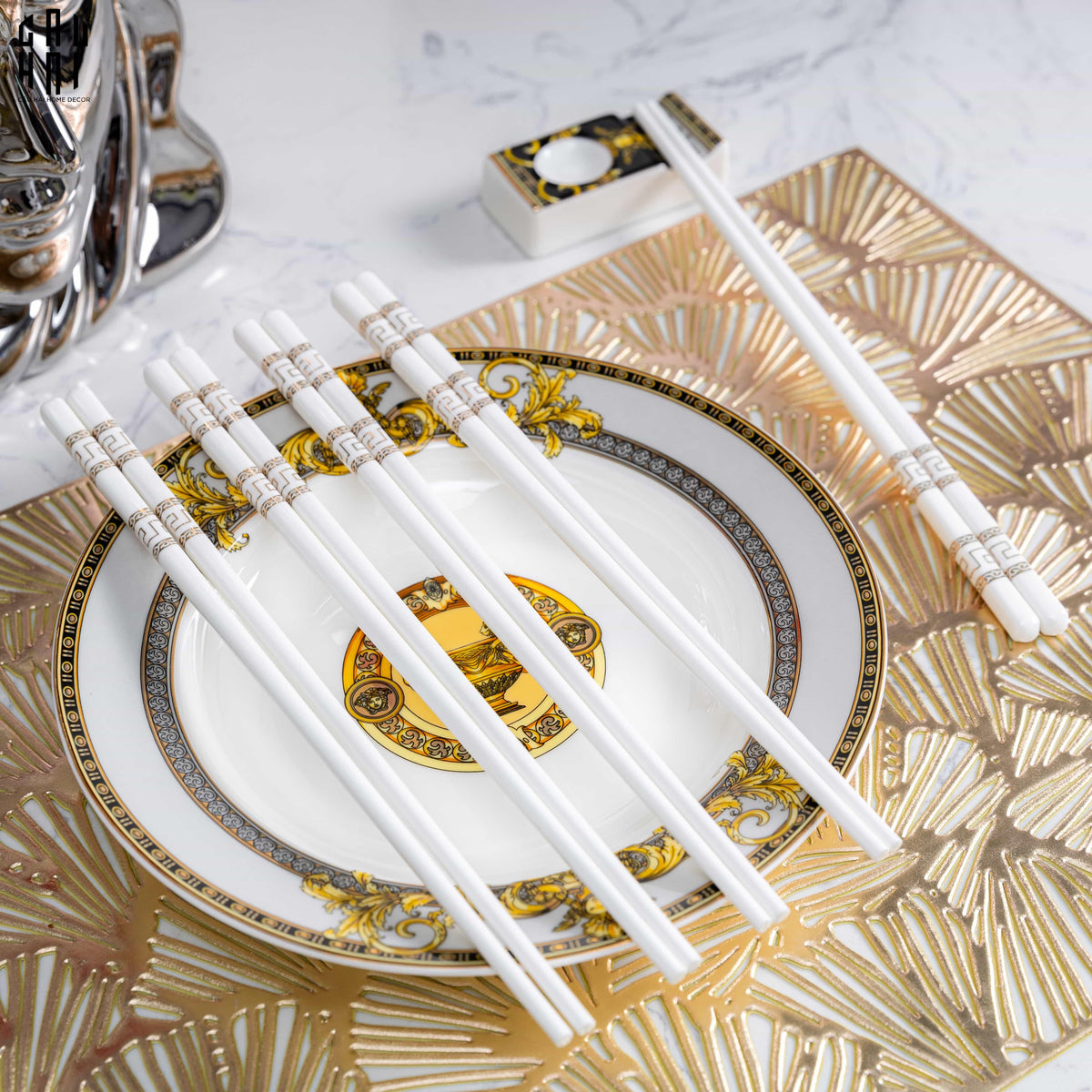 Set 10 Đôi Đũa Sứ V Class White Gold Greek Key Atélier Porcelain Chopsticks-Dinner Cutlery Set Dao Muỗng Nĩa-CẬU HAI HOME DECOR