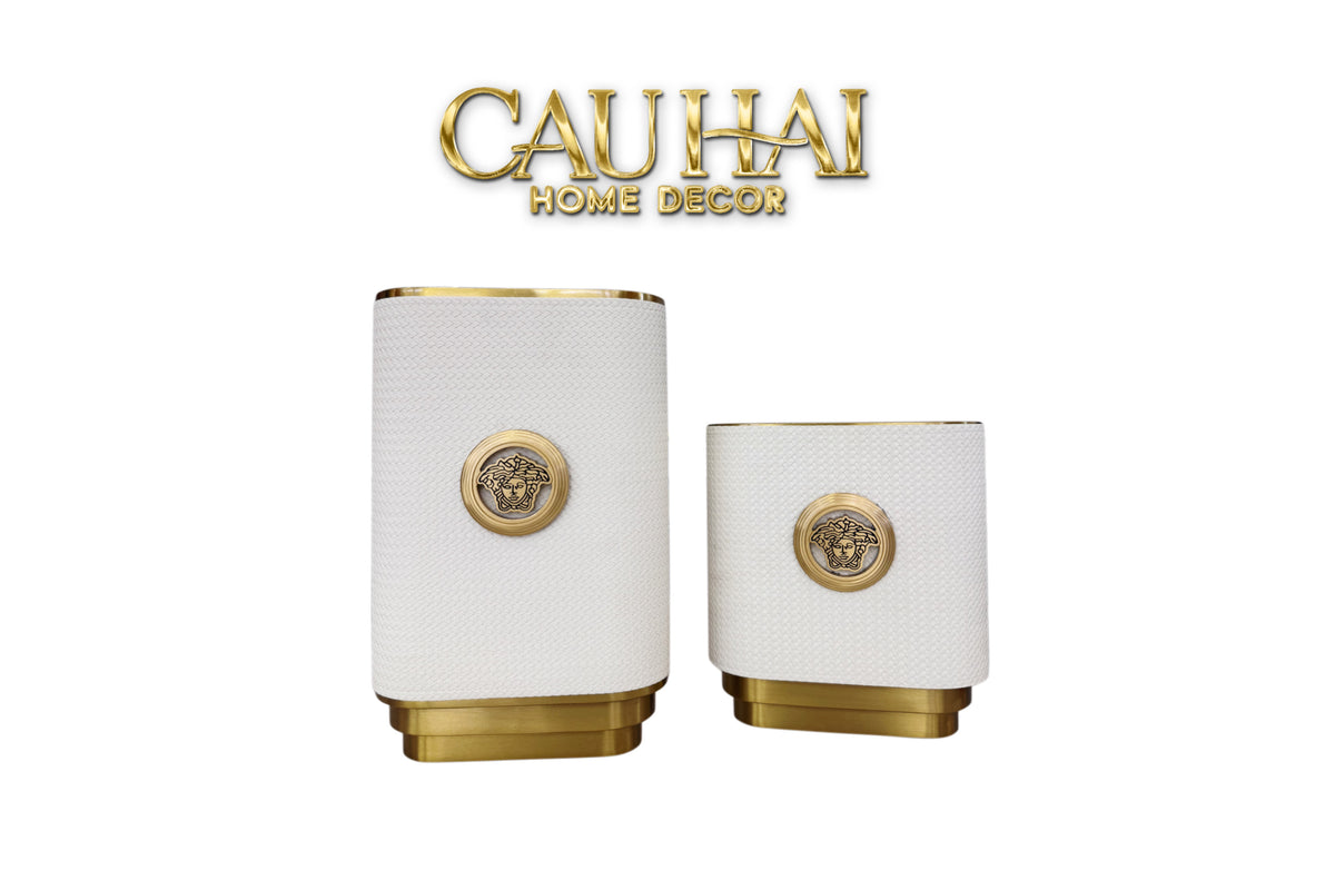 Set 2 Bình Hoa Bọc Da Cao Cấp - Leather Riviera Ivory Gilded Medusa-CẬU HAI HOME DECOR