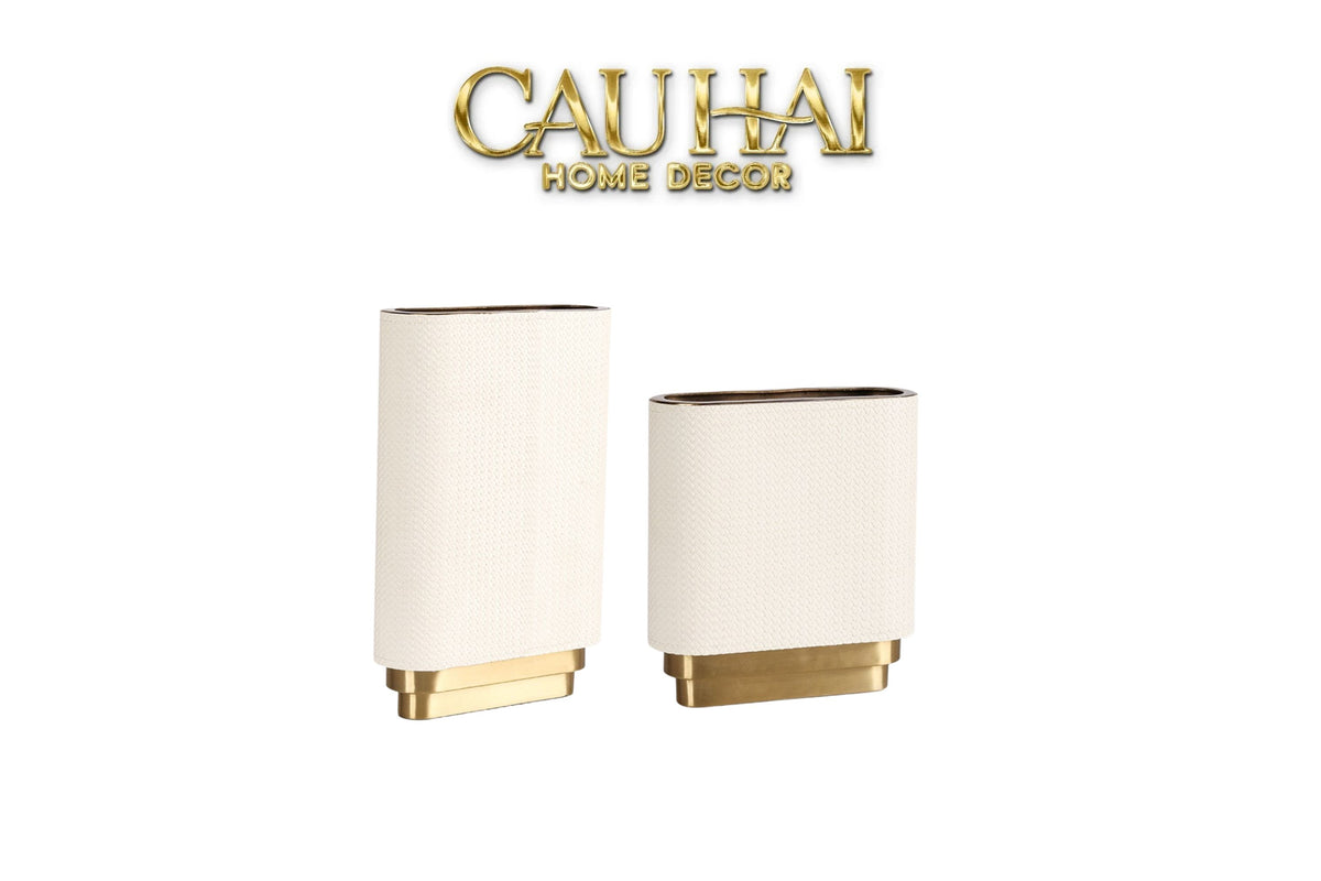 Set 2 Bình Hoa Bọc Da Cao Cấp - Leather Riviera Ivory Gilded Medusa-BÌNH HOA-CẬU HAI HOME DECOR-CẬU HAI HOME DECOR