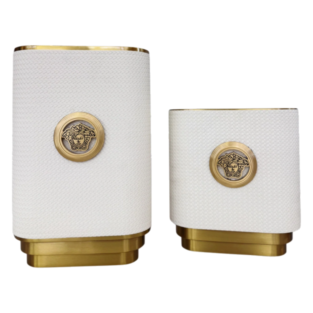 Set 2 Bình Hoa Bọc Da Cao Cấp - Leather Riviera Ivory Gilded Medusa-CẬU HAI HOME DECOR