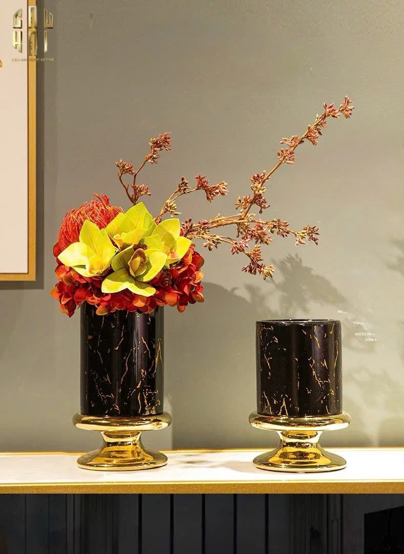SET 2 BÌNH HOA SỨ - BLACK ARTHUR MARBLE H23/19