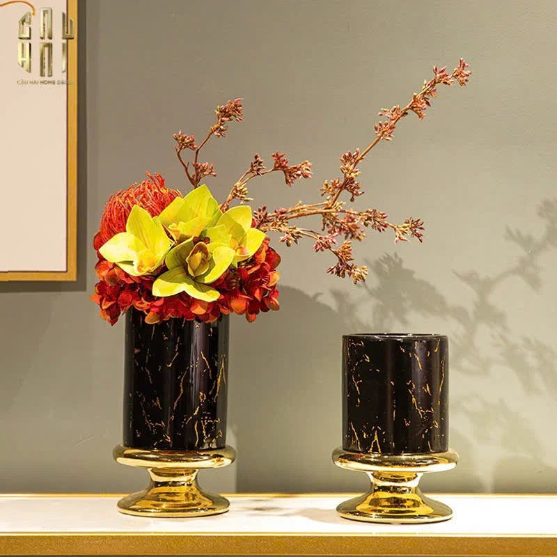 SET 2 BÌNH HOA SỨ - BLACK ARTHUR MARBLE H23/19