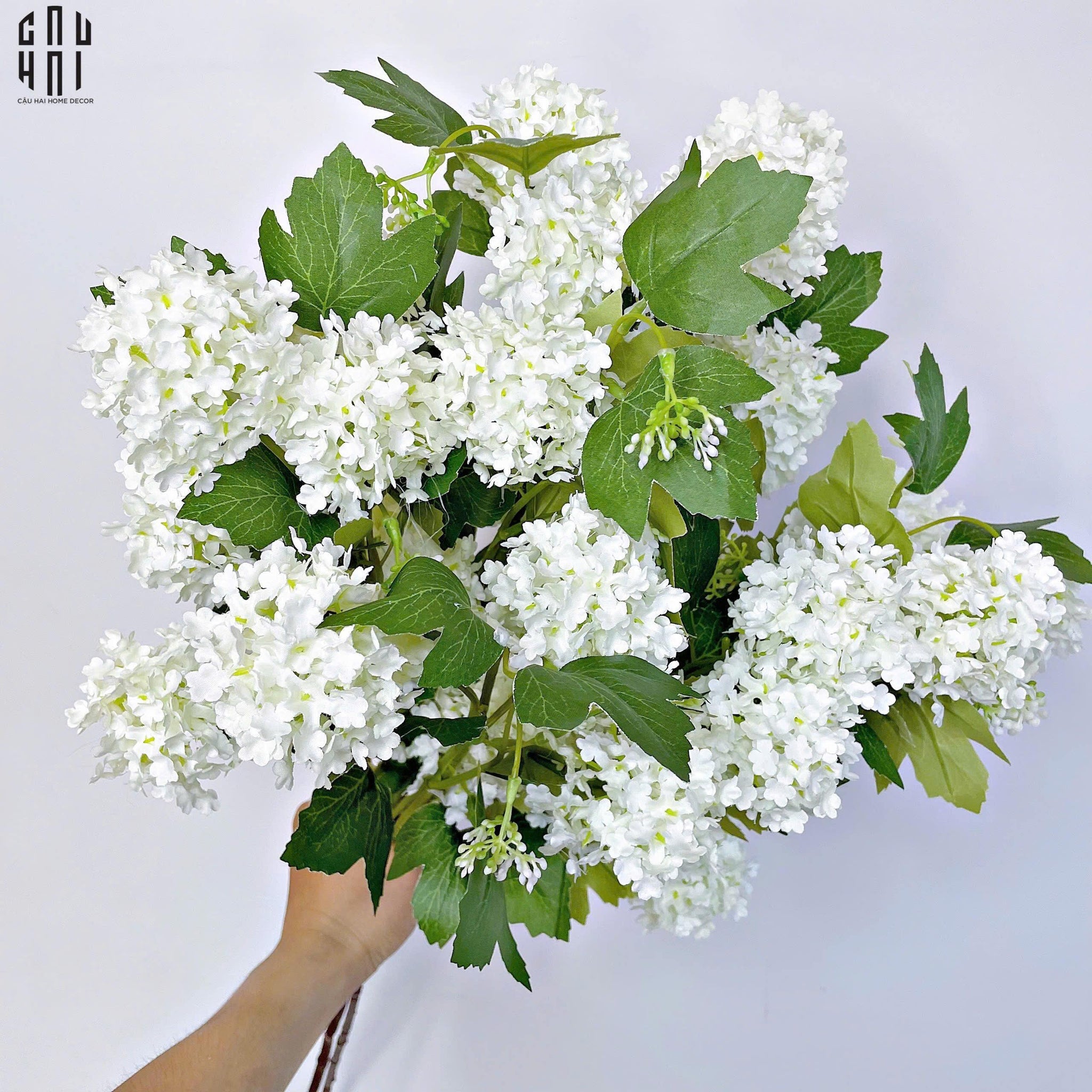 Set 2 Cành Cẩm Tú Cầu Mini - Trắng-Hoa Lụa-CẬU HAI HOME DECOR