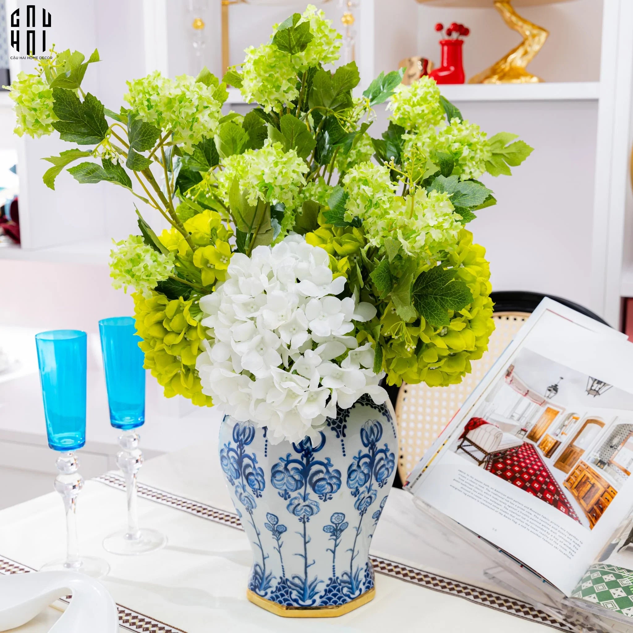 Set 2 Cành Cẩm Tú Cầu Mini - Xanh-Hoa Lụa-CẬU HAI HOME DECOR