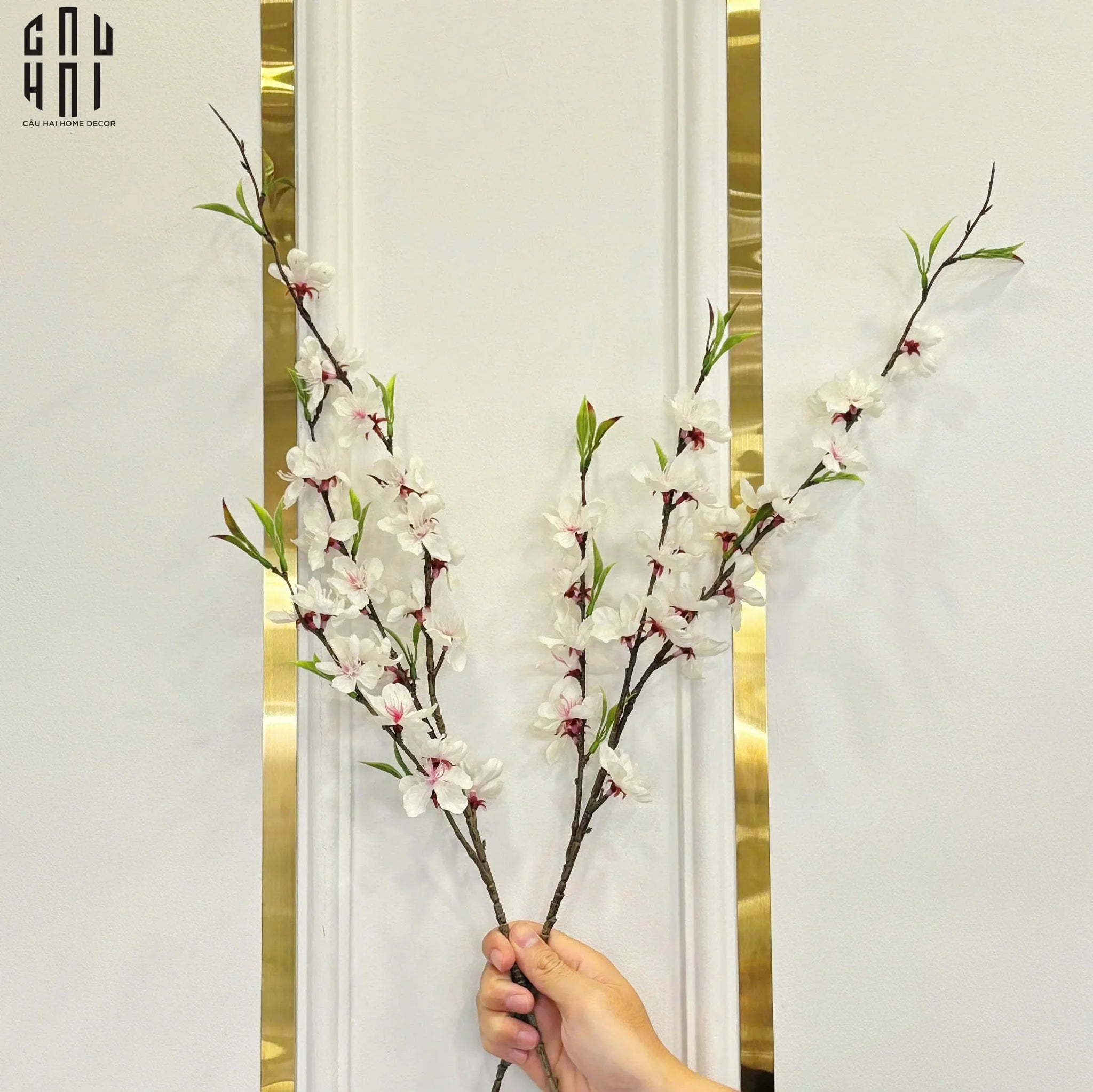 Set 2 Cành Hoa Đào - Trắng-Hoa Lụa-CẬU HAI HOME DECOR