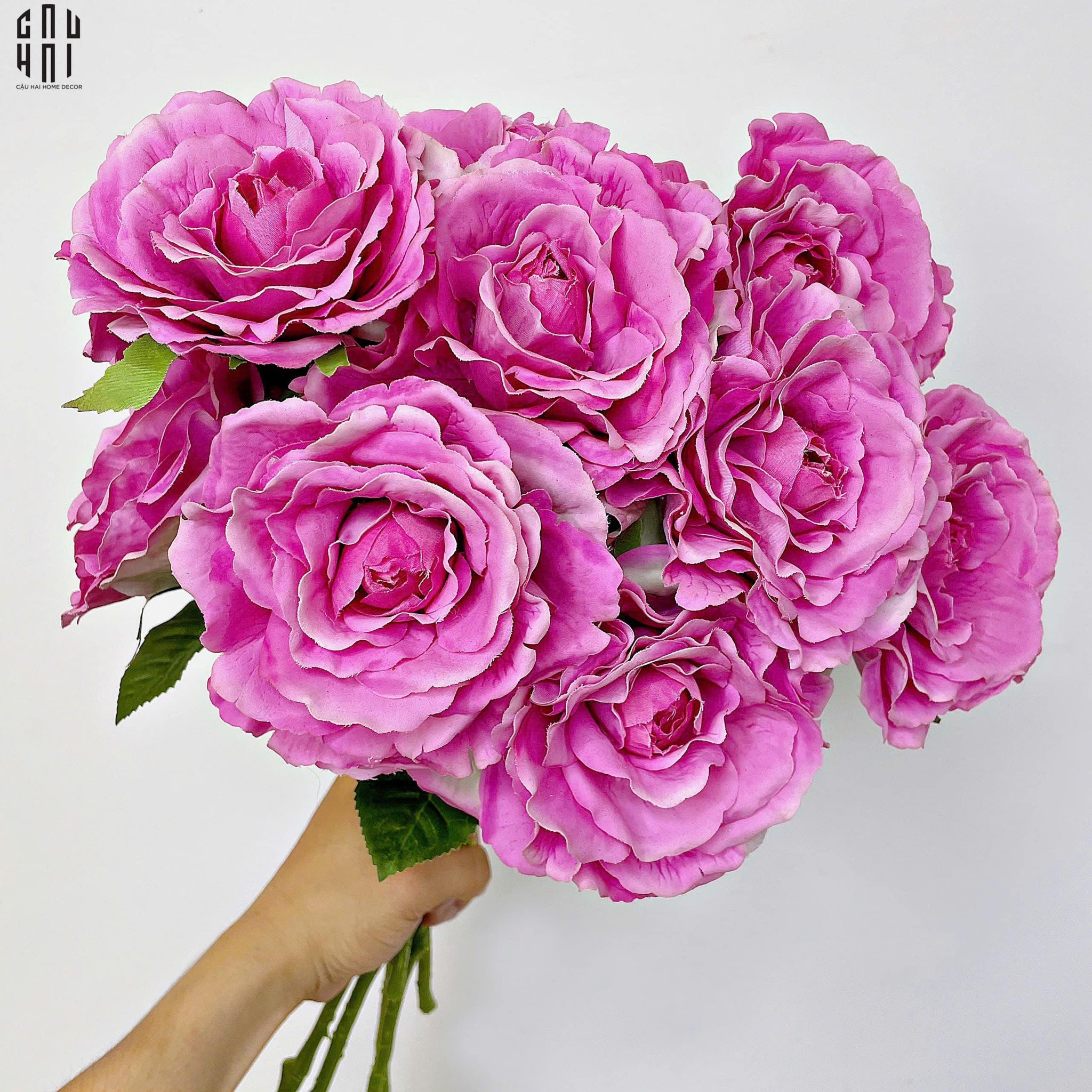 Set 2 Cành Hoa Hồng Ecuador - Tím Hồng-Hoa Lụa-CẬU HAI HOME DECOR