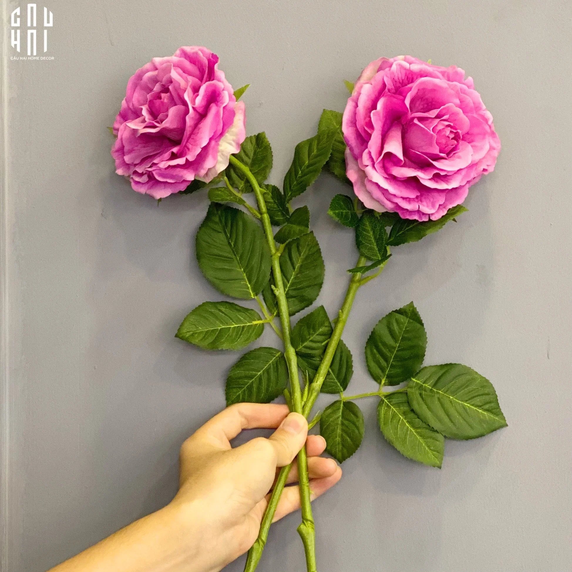 Set 2 Cành Hoa Hồng Ecuador - Tím Hồng-Hoa Lụa-CẬU HAI HOME DECOR