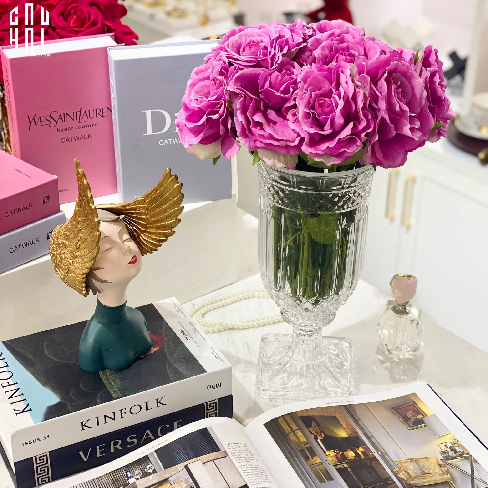 Set 2 Cành Hoa Hồng Ecuador - Tím Hồng-Hoa Lụa-CẬU HAI HOME DECOR