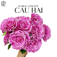Set 2 Cành Hoa Hồng Ecuador - Tím Hồng-Hoa Lụa-CẬU HAI HOME DECOR