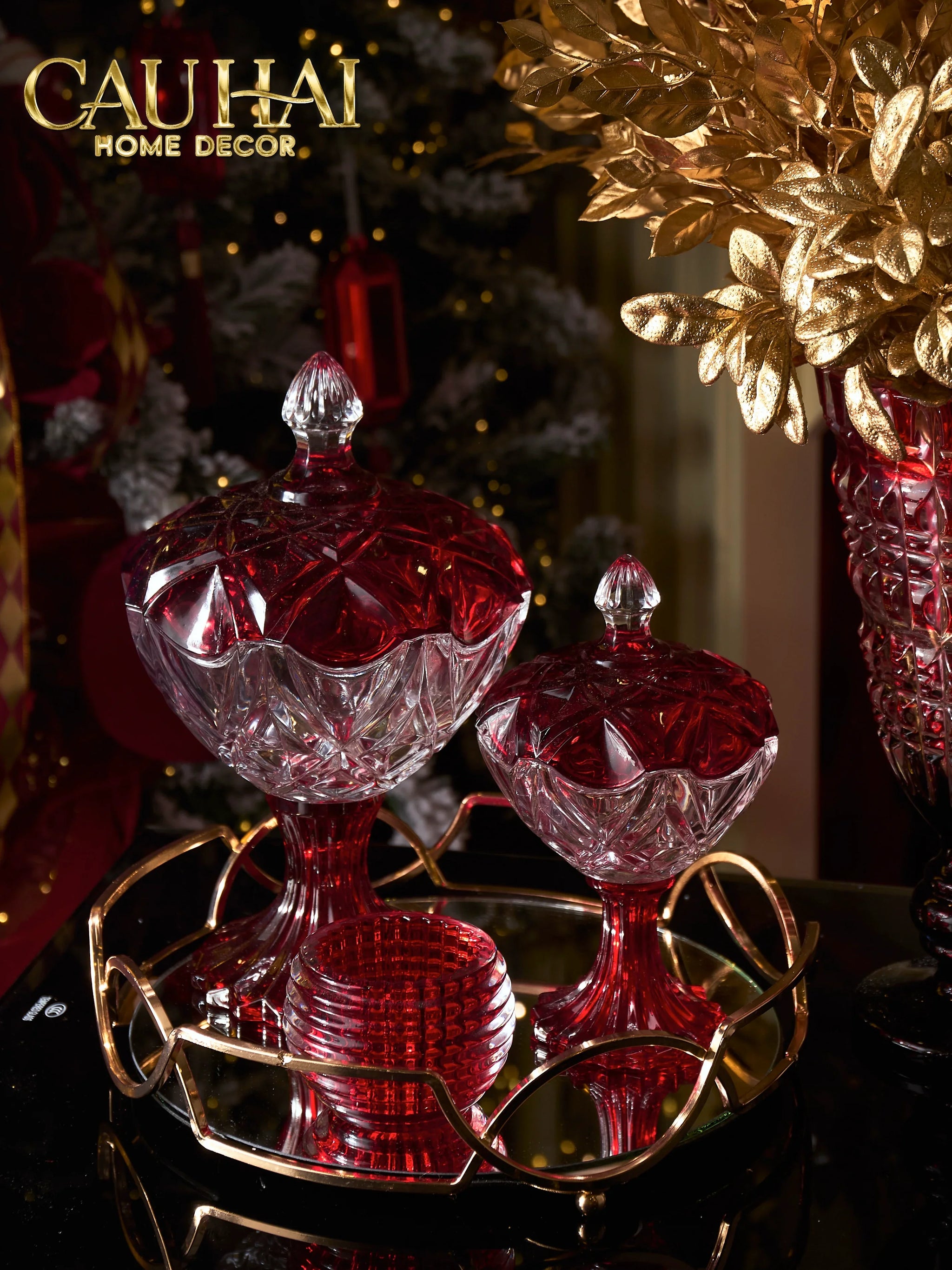 Set 2 Lọ Kẹo Pha Lê Đỏ Ruby Candy Lumiere Bonbonnière H21/H28-Lọ kẹo Canister Bonbonnière-CẬU HAI HOME DECOR