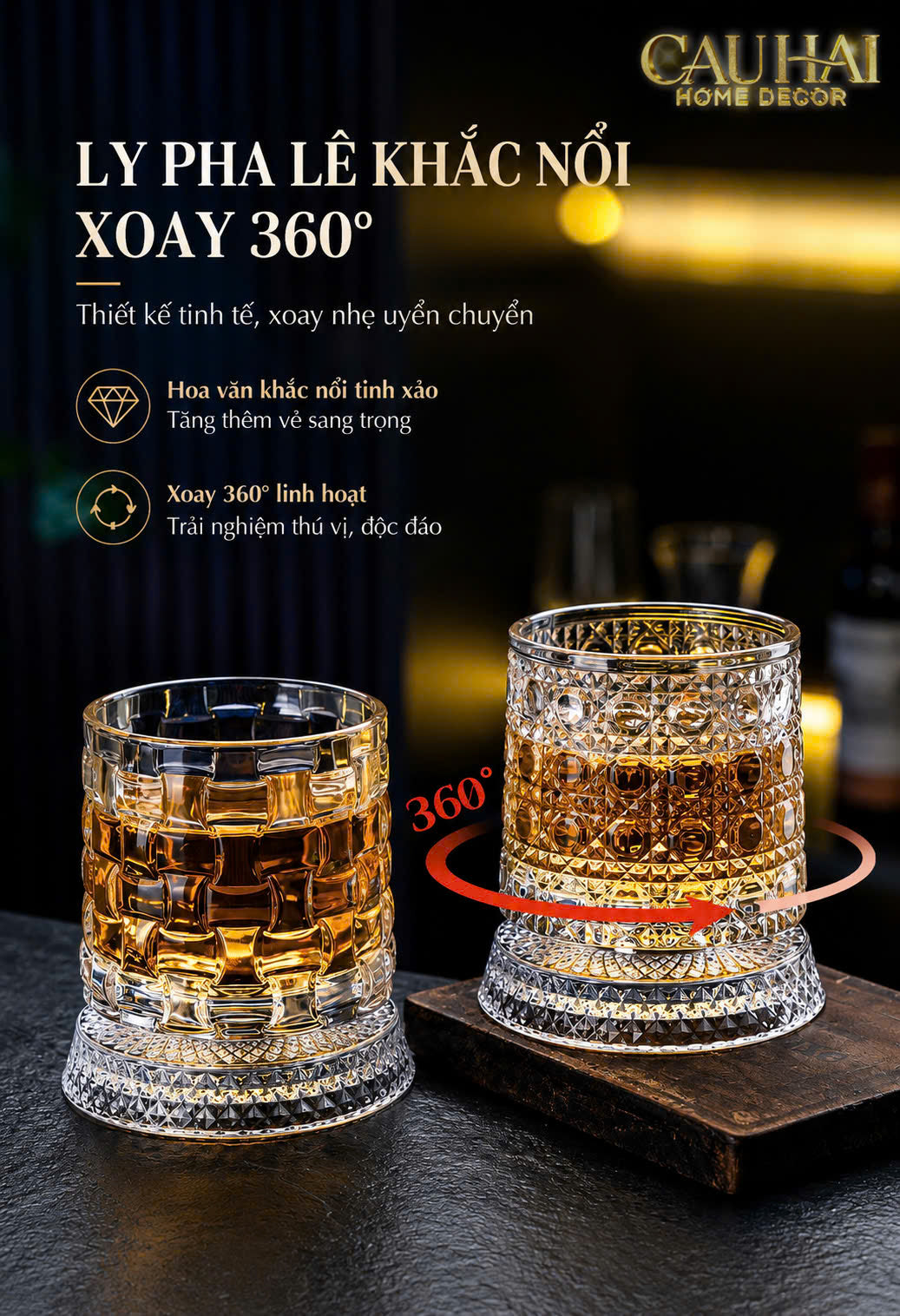 Set 2 Ly Whisky Thuỷ Tinh Đế Xoay - Éclet Spin Glass Set 2pcs-LY THỦY TINH-CẬU HAI HOME DECOR-CẬU HAI HOME DECOR
