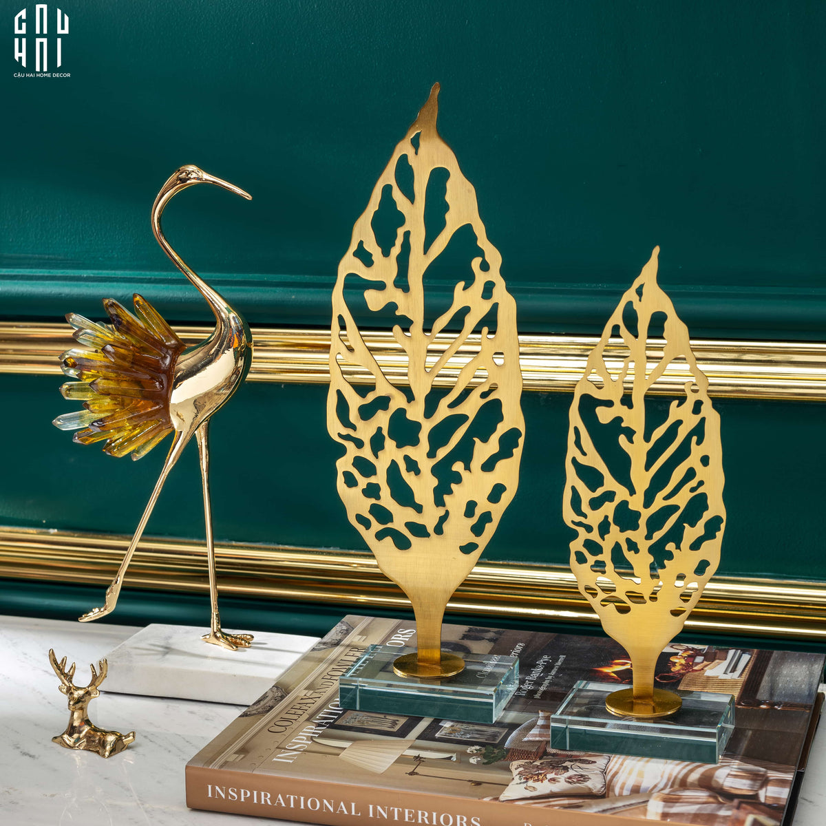 Set 2 Tượng Golden Leaves Ss22-TƯỢNG TRANG TRÍ-CẬU HAI HOME DECOR