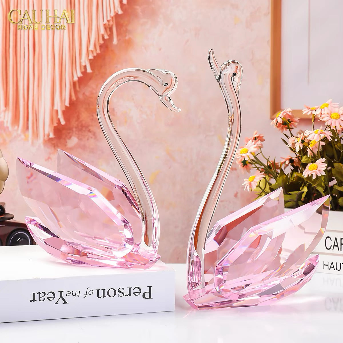 Set 2 Tượng Thiên Nga Pha Lê Trang Trí Crystal Swan Étreinte Rosé 2pcs-Tượng Pha Lê-CẬU HAI HOME DECOR