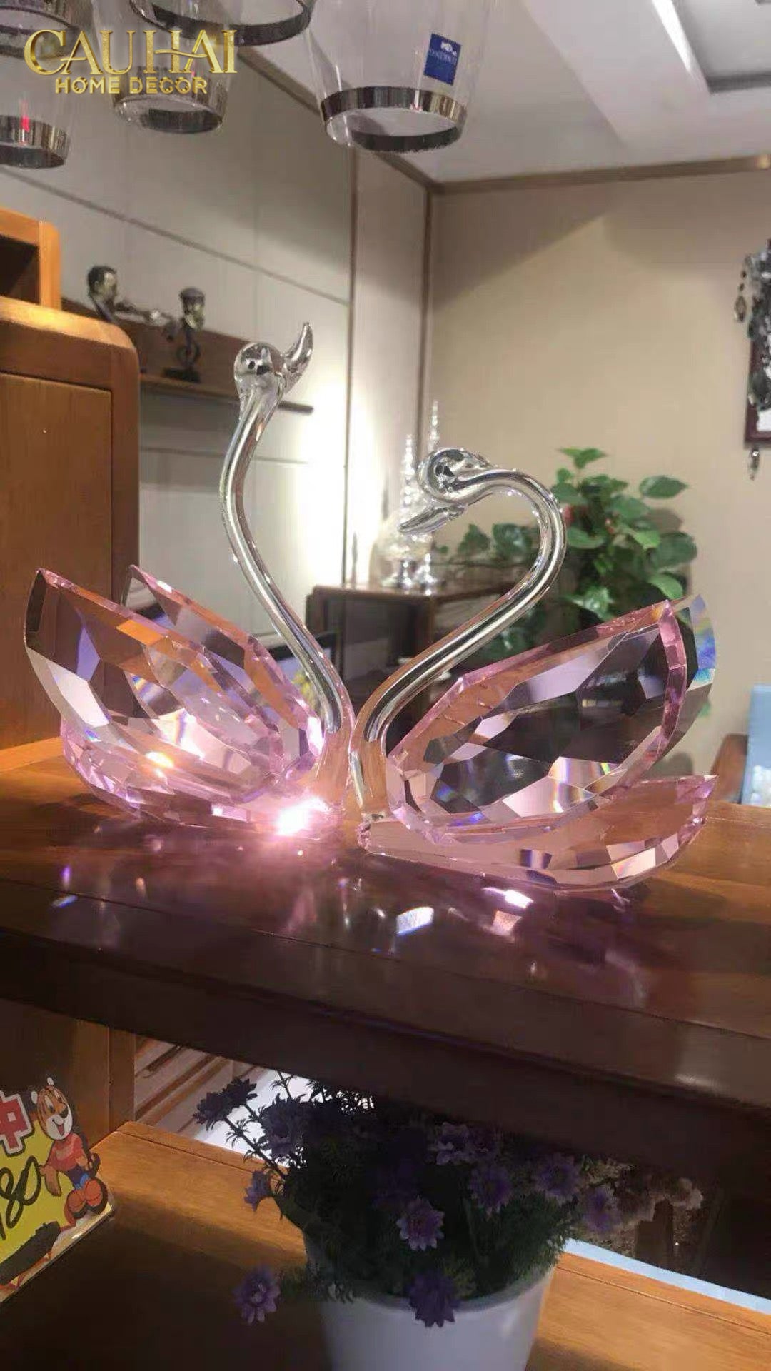 Set 2 Tượng Thiên Nga Pha Lê Trang Trí Crystal Swan Étreinte Rosé 2pcs-Tượng Pha Lê-CẬU HAI HOME DECOR
