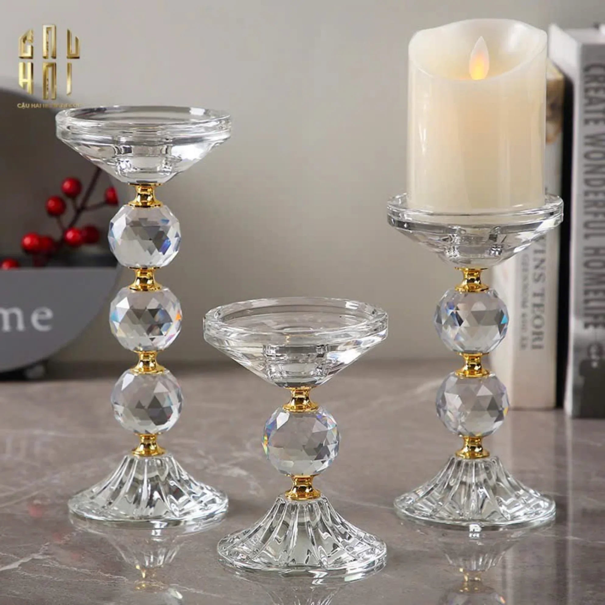 Set 3 Đế Nến Crystal Crown Triptyque Candle Holders-ĐÈN TRANG TRÍ-CẬU HAI HOME DECOR