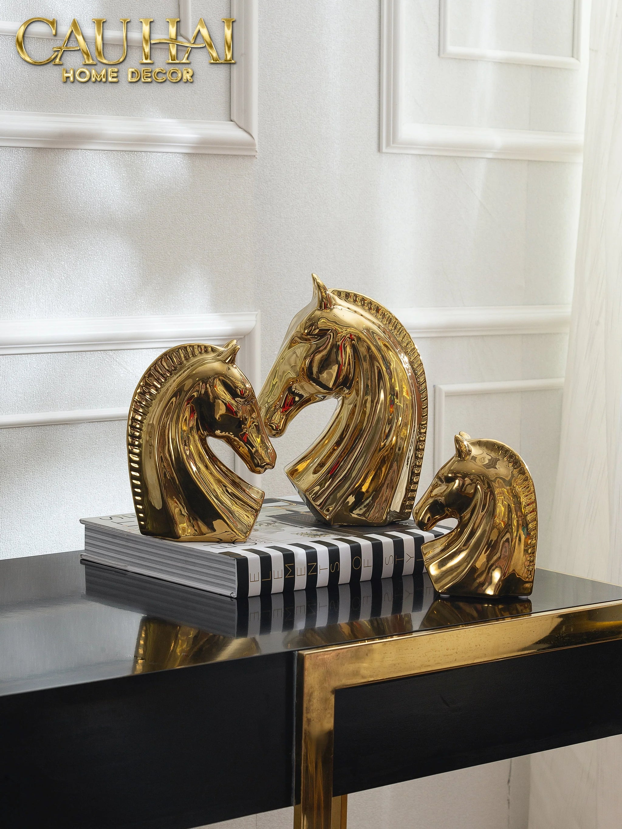 Set 3 Tượng Ngựa Gốm Sứ Mạ Vàng L'Atélier Gilded Chevaux-CẬU HAI HOME DECOR