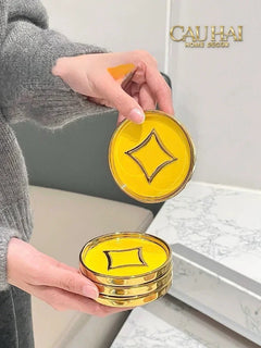Set 4 Lót Ly Sứ Đồng Tiền Tài Lộc Golden Coin Ceramic Glasses Coaster-CẬU HAI HOME DECOR