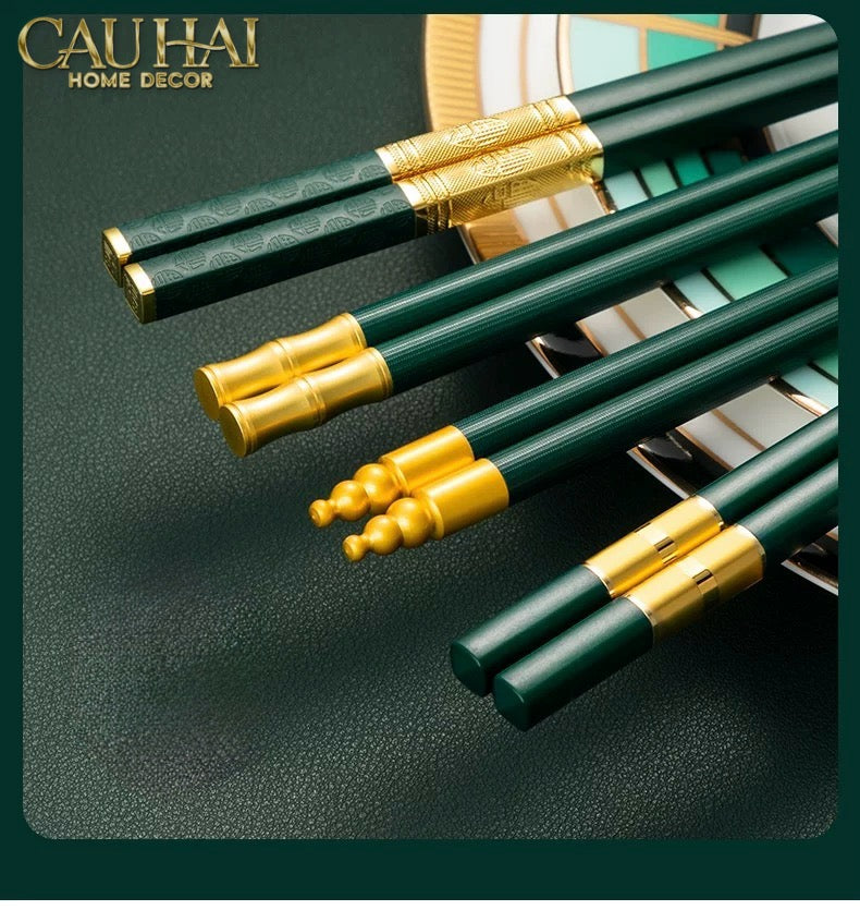 Set 5 Đôi Đũa Sợi Thuỷ Tinh - Emerald Golden Bamboo Chopsticks 24cm-Dinner Cutlery Set Dao Muỗng Nĩa-CẬU HAI HOME DECOR
