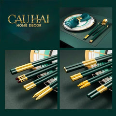 Set 5 Đôi Đũa Sợi Thuỷ Tinh - Emerald Golden Bamboo Chopsticks 24cm-Dinner Cutlery Set Dao Muỗng Nĩa-CẬU HAI HOME DECOR