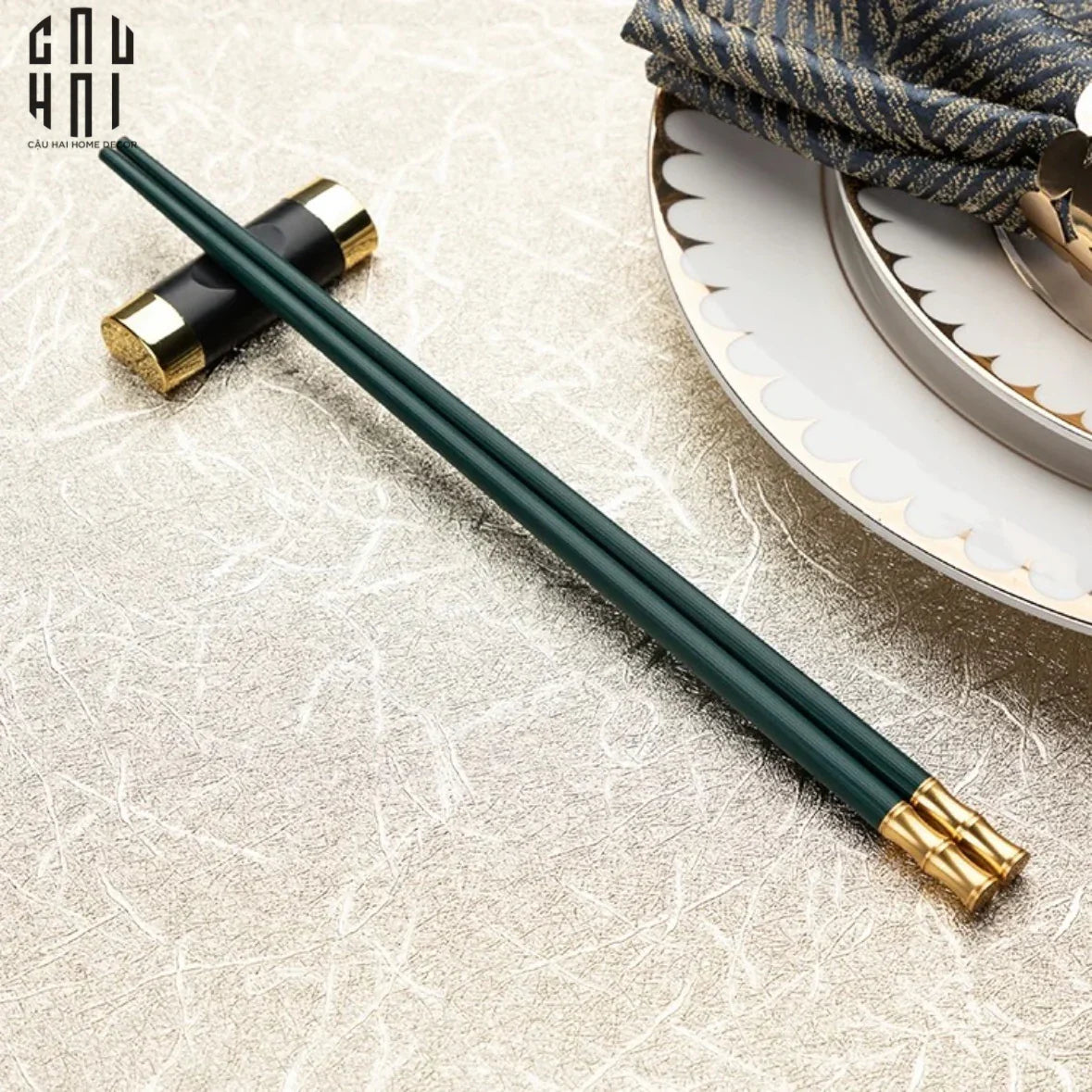 Set 5 Đôi Đũa Sợi Thuỷ Tinh - Emerald Golden Bamboo Chopsticks 24cm-Dinner Cutlery Set Dao Muỗng Nĩa-CẬU HAI HOME DECOR