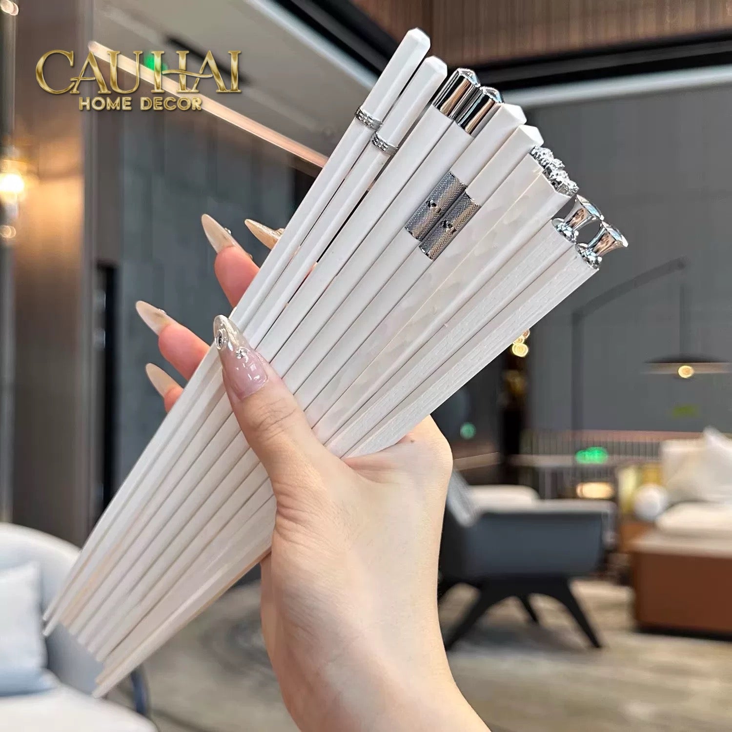 Set 5 Đôi Đũa Sợi Thuỷ Tinh Opal Platinum Monochrome PET Chopsticks 24cm-Dinner Cutlery Set Dao Muỗng Nĩa-CẬU HAI HOME DECOR