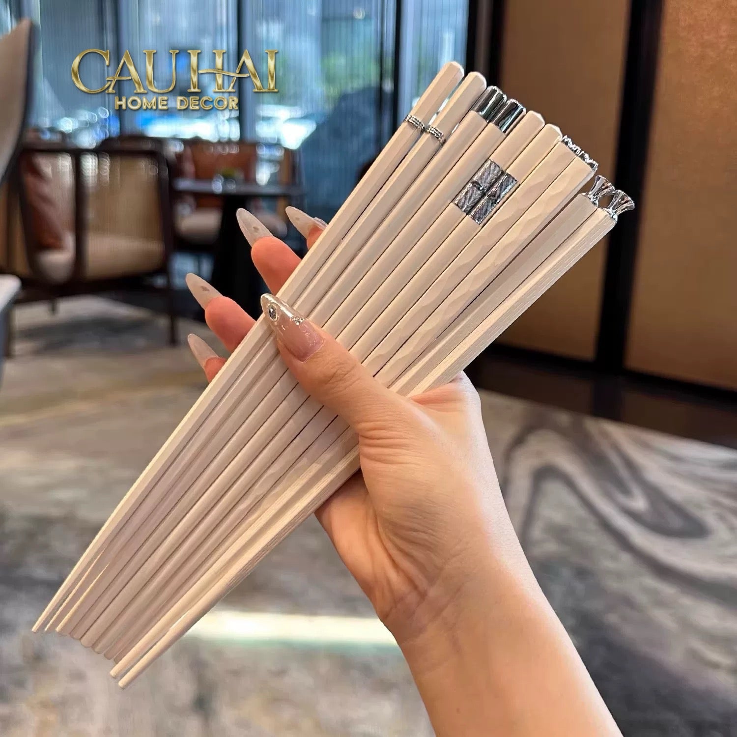 Set 5 Đôi Đũa Sợi Thuỷ Tinh Opal Platinum Monochrome PET Chopsticks 24cm-Dinner Cutlery Set Dao Muỗng Nĩa-CẬU HAI HOME DECOR