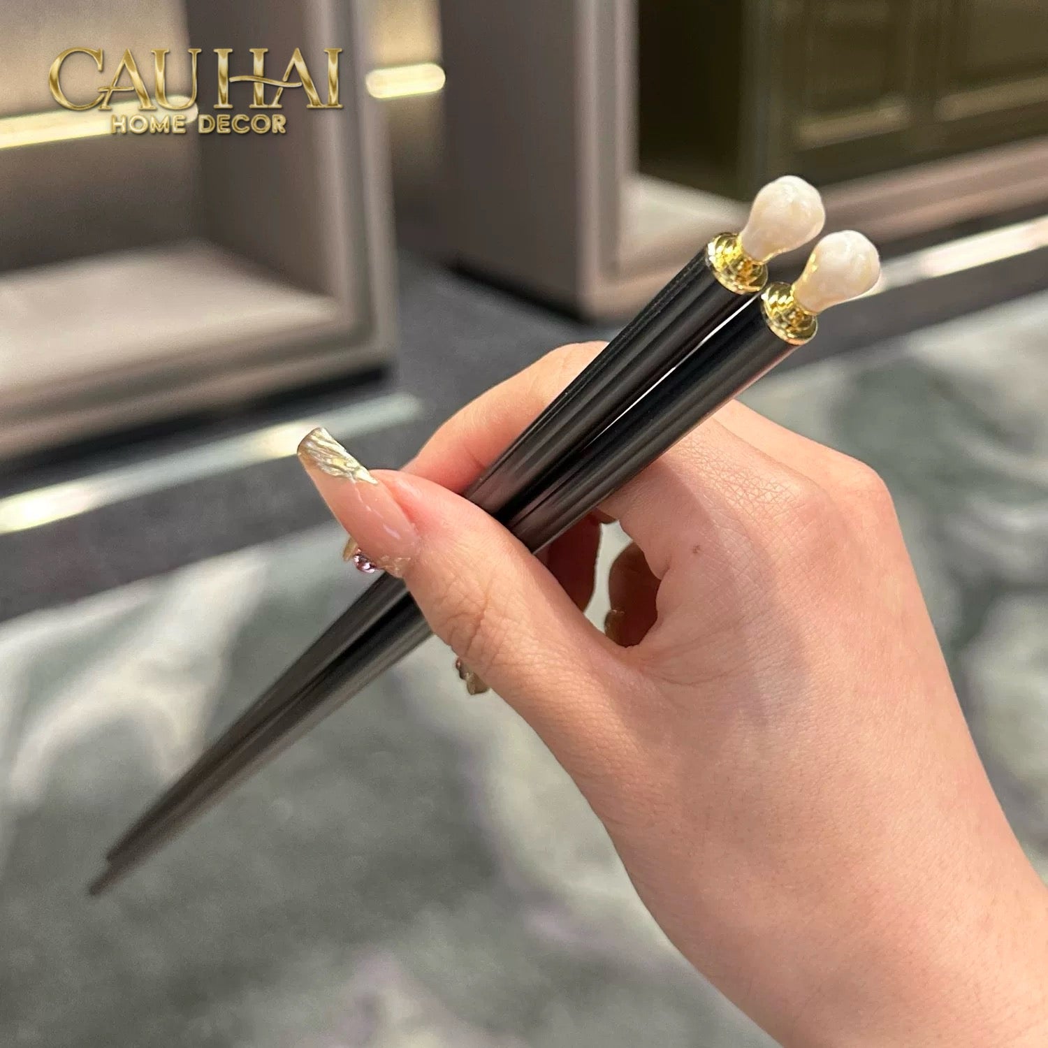 Set 5 Đôi Đũa Sợi Thuỷ Tinh White Pearl Jewelry PET Chopsticks 24.5cm-Dinner Cutlery Set Dao Muỗng Nĩa-CẬU HAI HOME DECOR