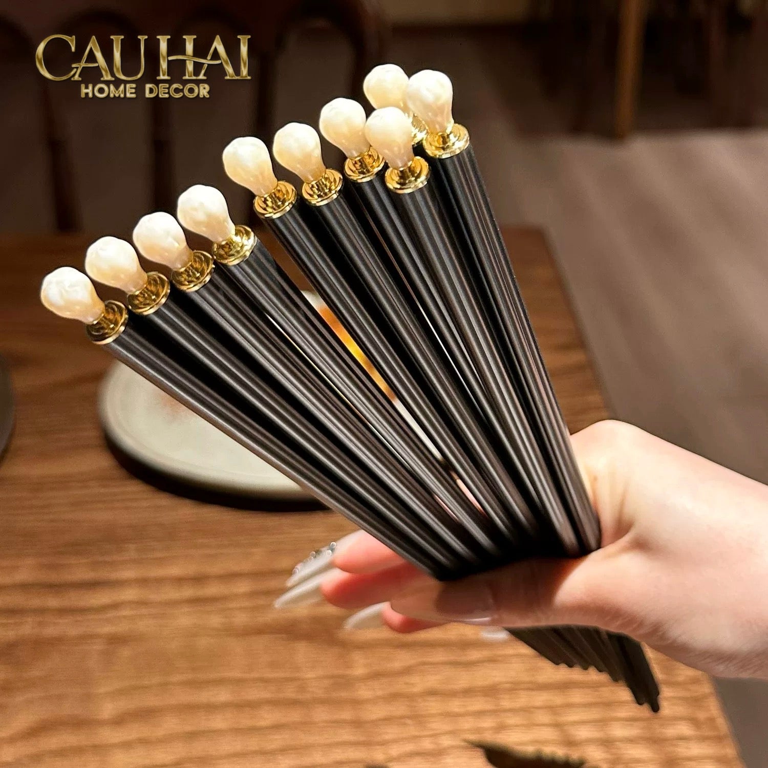 Set 5 Đôi Đũa Sợi Thuỷ Tinh White Pearl Jewelry PET Chopsticks 24.5cm-Dinner Cutlery Set Dao Muỗng Nĩa-CẬU HAI HOME DECOR