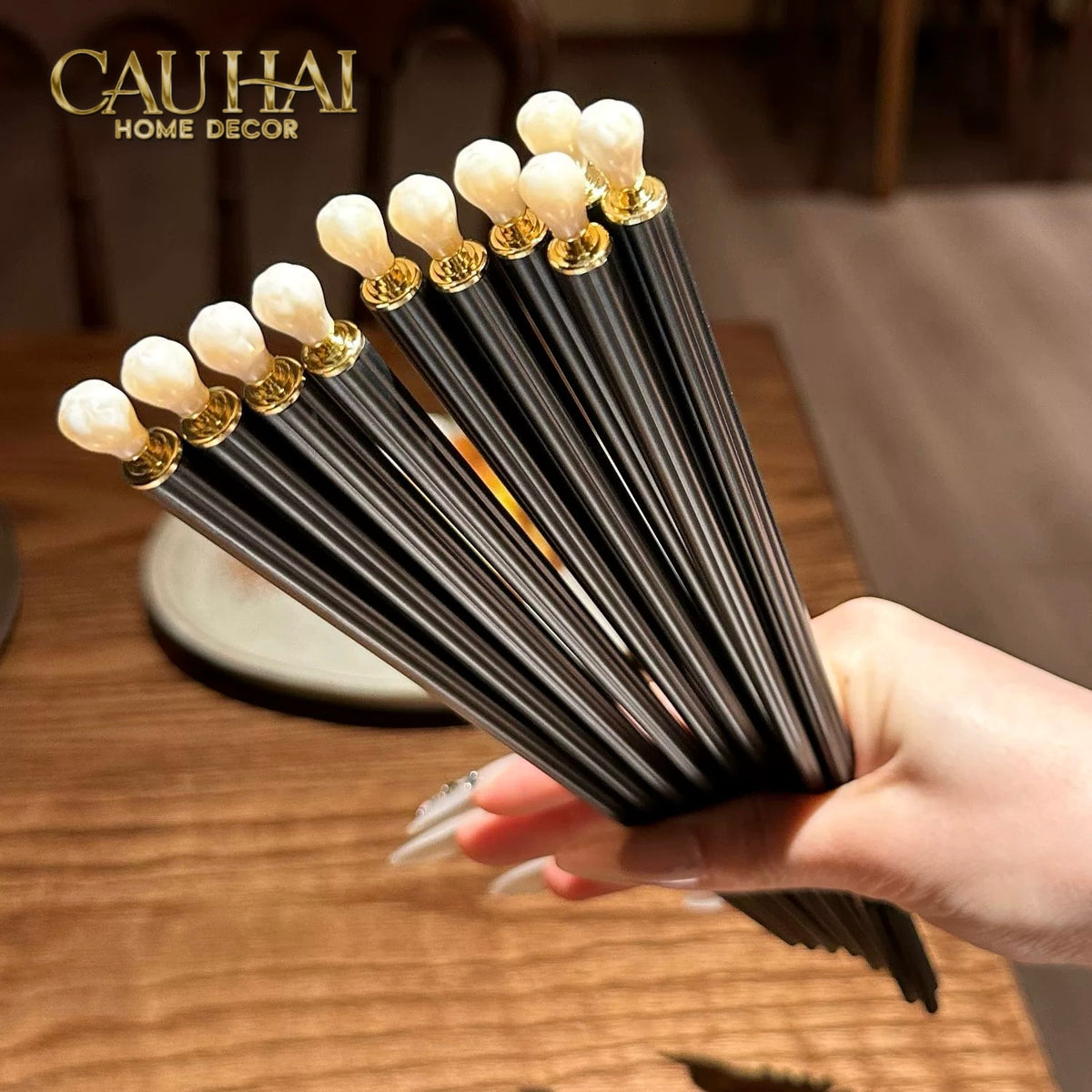 Set 5 Đôi Đũa Sợi Thuỷ Tinh White Pearl Jewelry PET Chopsticks 24.5cm-Dinner Cutlery Set Dao Muỗng Nĩa-CẬU HAI HOME DECOR