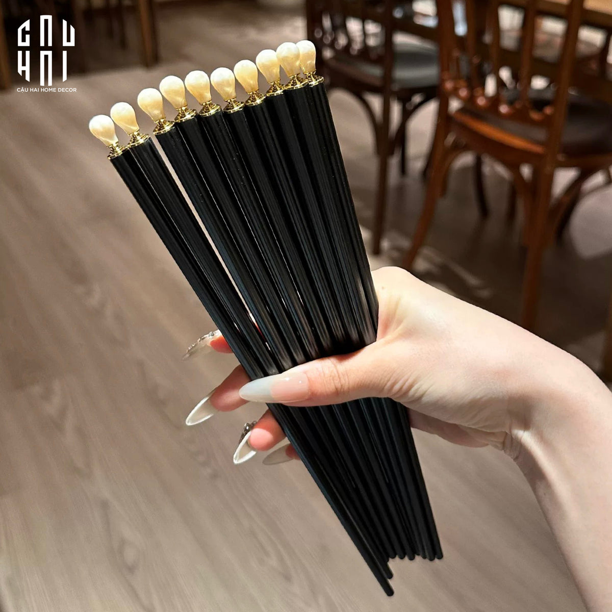 Set 5 Đôi Đũa Sợi Thuỷ Tinh White Pearl Jewelry PET Chopsticks 24.5cm-Dinner Cutlery Set Dao Muỗng Nĩa-CẬU HAI HOME DECOR