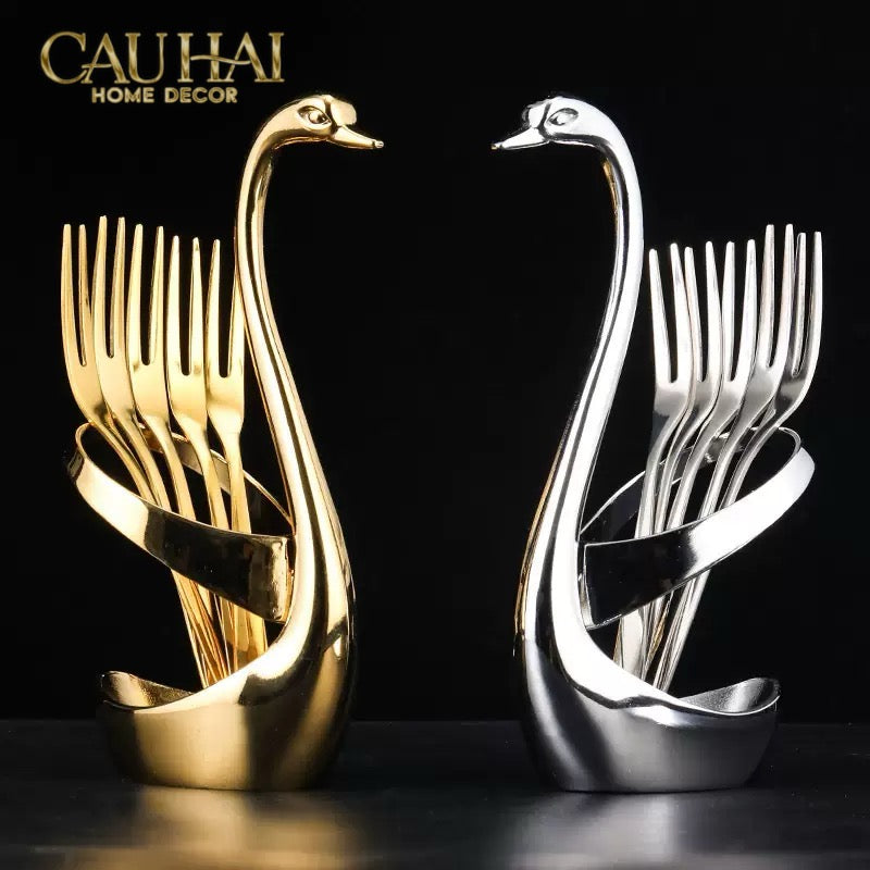 Set 6 Cái Nĩa Dessert Metal Swan Éclat D'Or 6pcs-Dinner Cutlery Set Dao Muỗng Nĩa-CẬU HAI HOME DECOR-CẬU HAI HOME DECOR