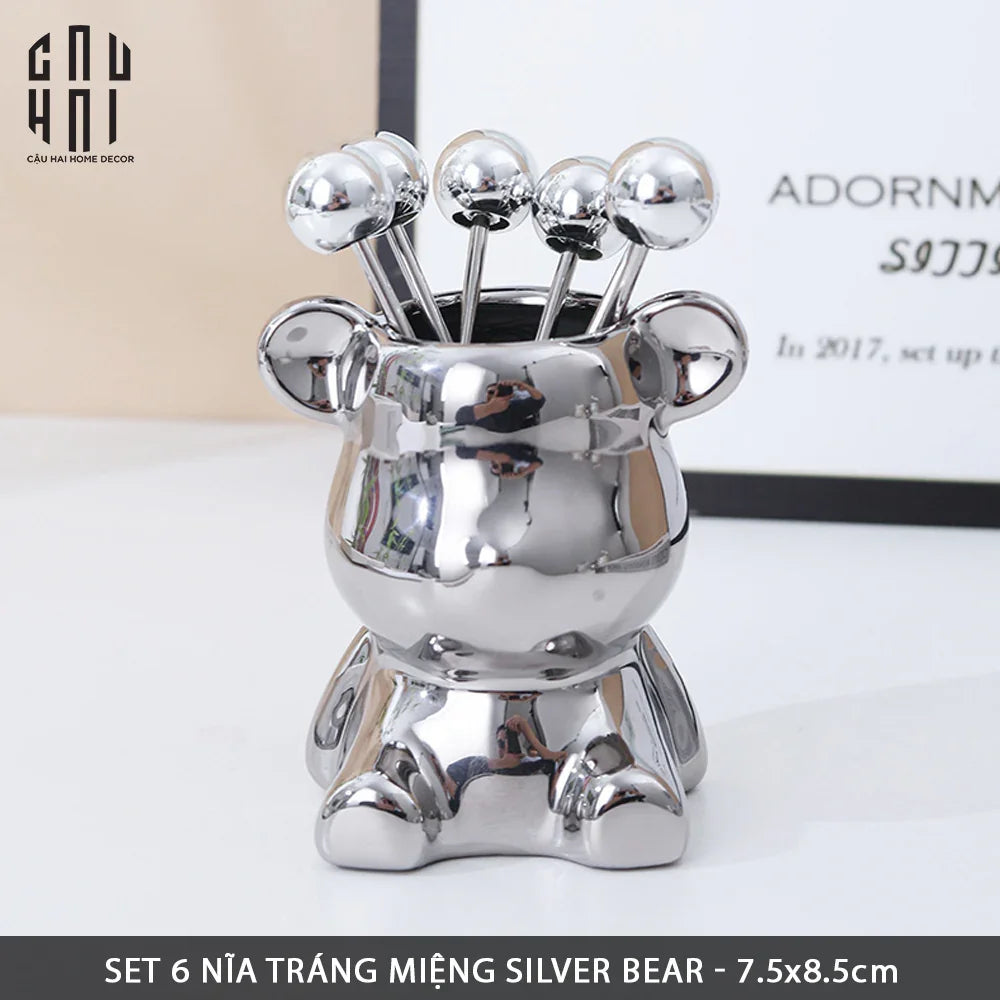 SET 6 NĨA TRÁNG MIỆNG SILVER BEAR-CẬU HAI HOME DECOR
