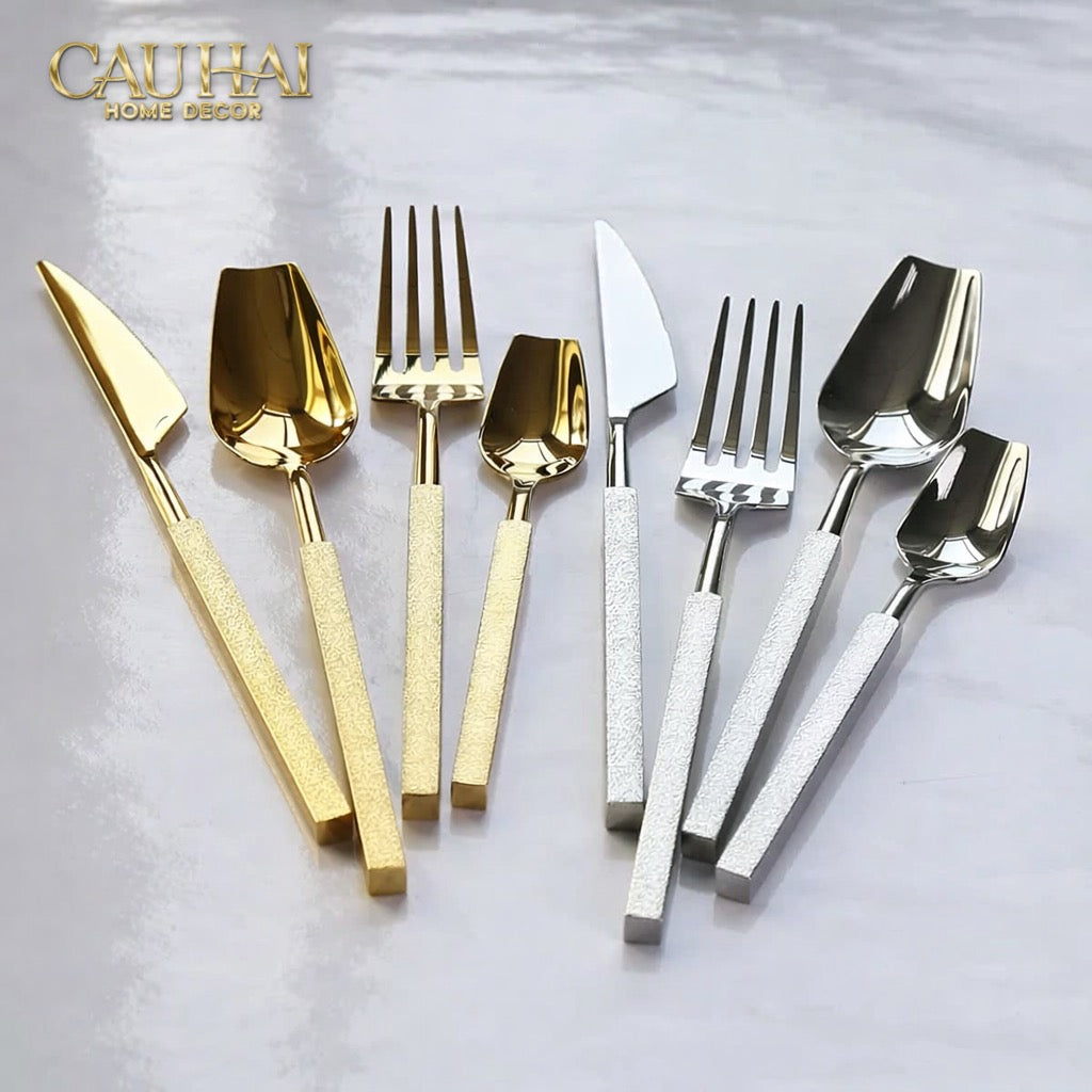 Set Dao Muỗng Nĩa 4 Món Raw Metal Gold Hybrid Dinner Cutlery Set 4pcs-CẬU HAI HOME DECOR
