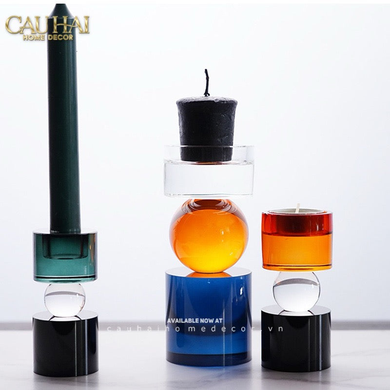 Set Đế Nến Pha Lê Đa Sắc Hừng Đông   - Cristalleries Amber  Dawn Candle Holders 6.5x16 5x11