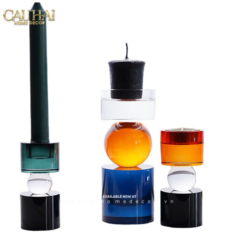 Set Đế Nến Pha Lê Đa Sắc Hừng Đông   - Cristalleries Amber  Dawn Candle Holders 6.5x16 5x11