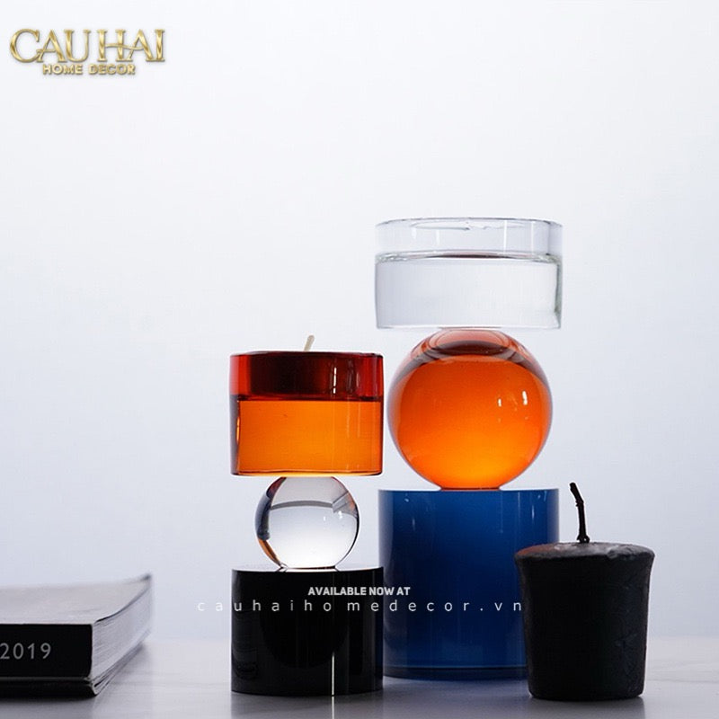 Set Đế Nến Pha Lê Đa Sắc Hừng Đông   - Cristalleries Amber  Dawn Candle Holders 6.5x16 5x11