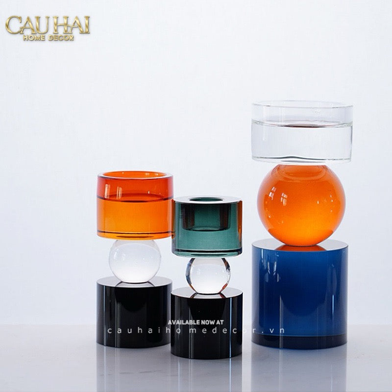 Set Đế Nến Pha Lê Đa Sắc Hừng Đông   - Cristalleries Amber  Dawn Candle Holders 6.5x16 5x11