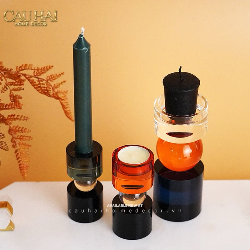 Set Đế Nến Pha Lê Đa Sắc Hừng Đông   - Cristalleries Amber  Dawn Candle Holders 6.5x16 5x11