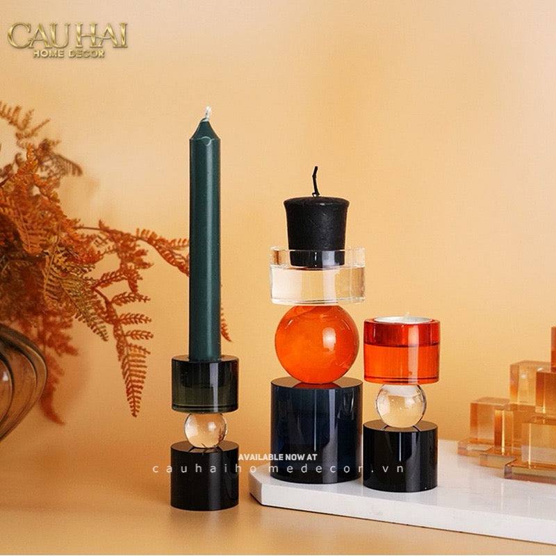 Set Đế Nến Pha Lê Đa Sắc Hừng Đông   - Cristalleries Amber  Dawn Candle Holders 6.5x16 5x11