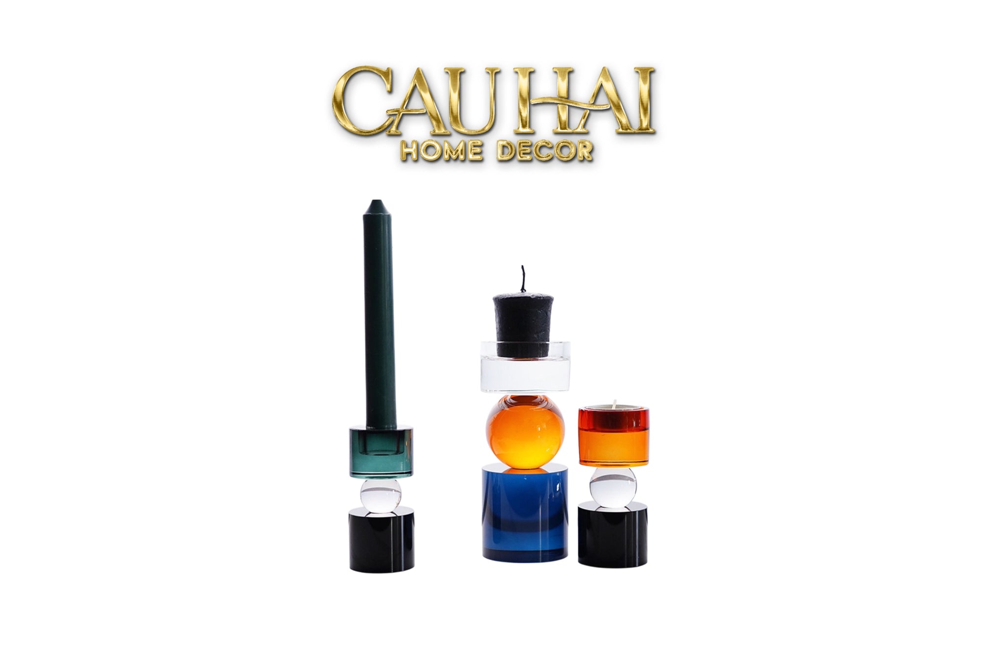 Set Đế Nến Pha Lê Đa Sắc Hừng Đông   - Cristalleries Amber  Dawn Candle Holders 6.5x16 5x11