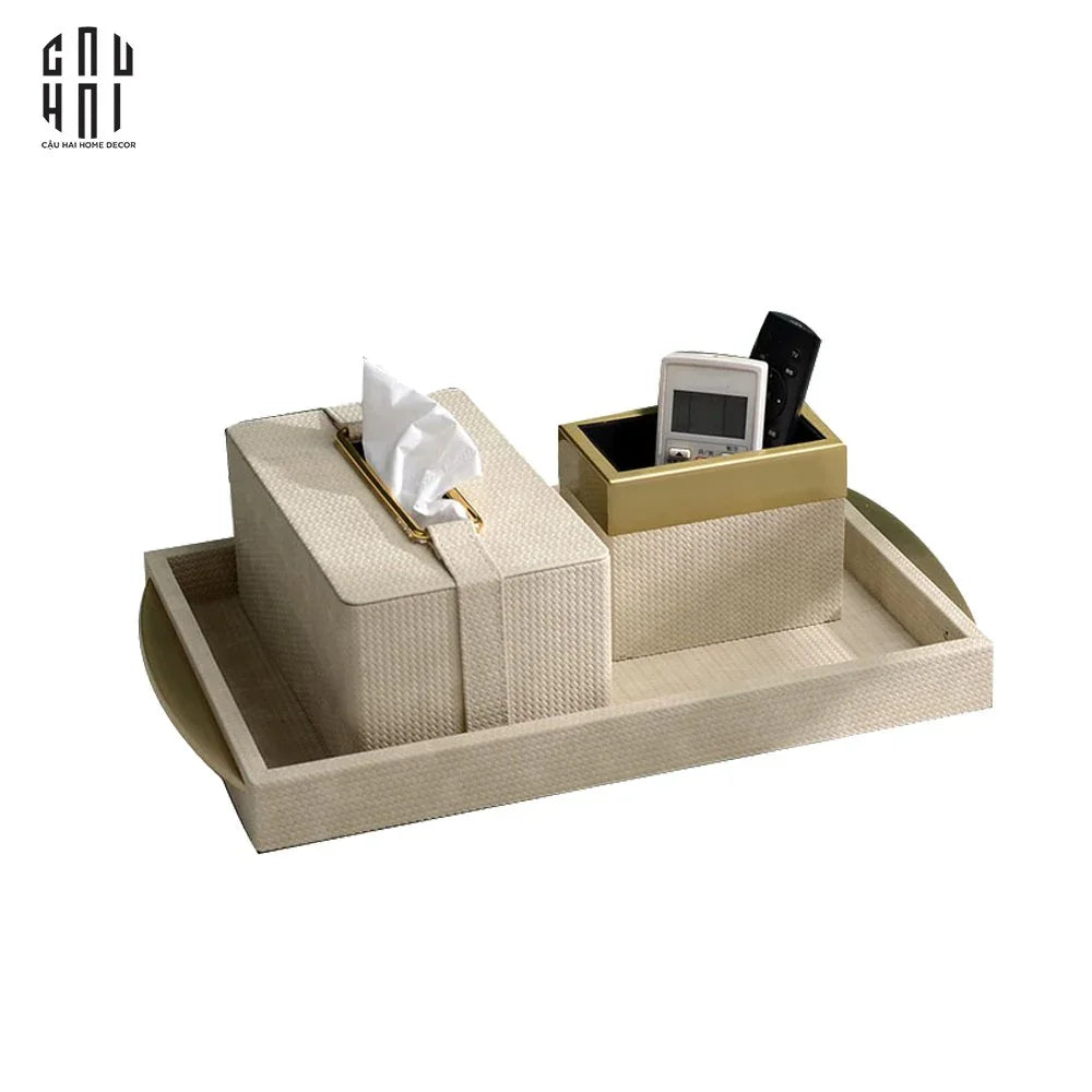 SET HỘP GIẤY DA VALENCIA PREMIUM + LEATHER TRAY 3PCS