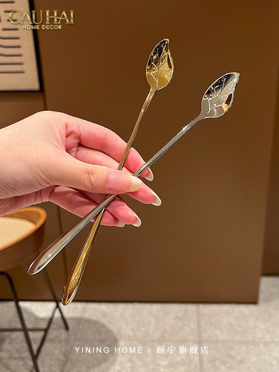 Set Muỗng Dài Thìa Coffee Argent Golden Leaf Coffee Spoon Set 4pcs. 2.2x19.5cm-Desert / Coffee / Latte Spoon-CẬU HAI HOME DECOR