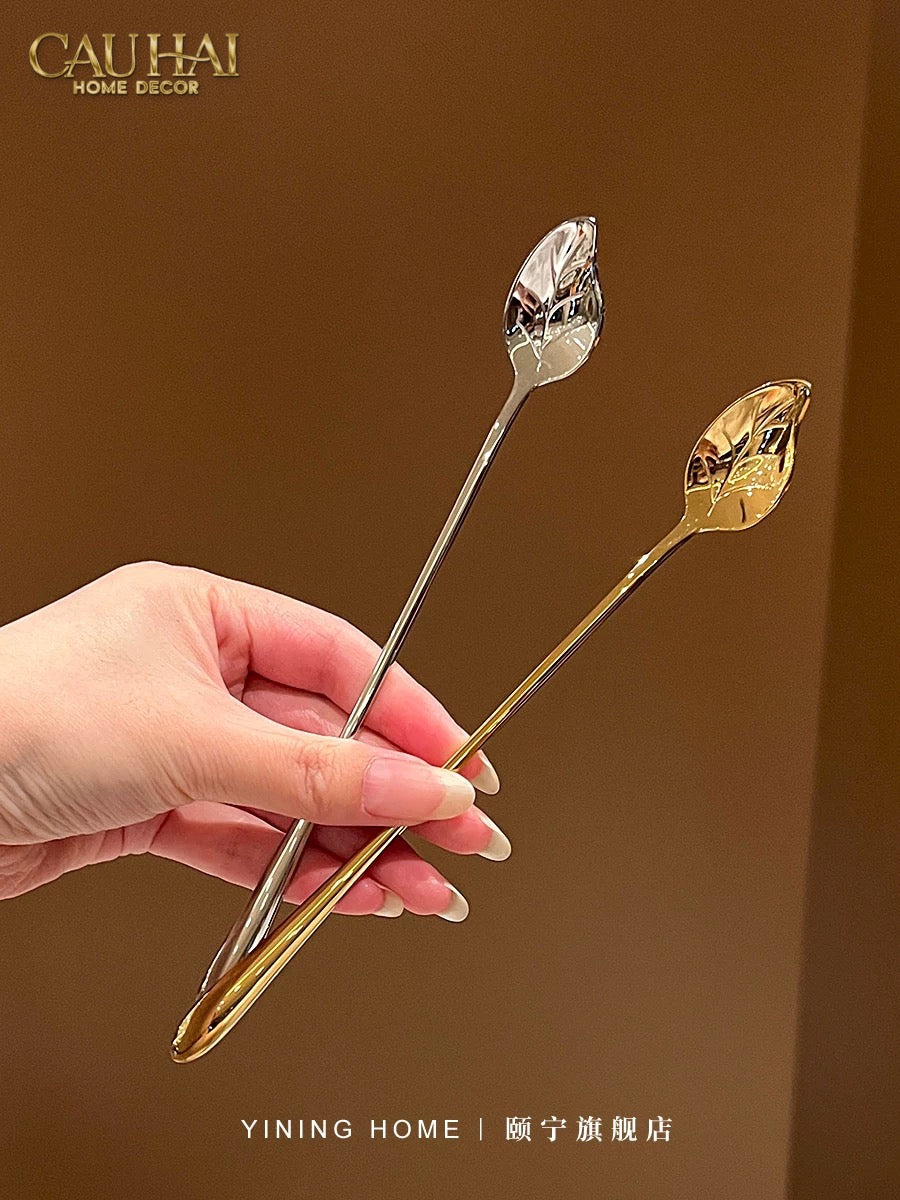 Set Muỗng Dài Thìa Coffee Argent Golden Leaf Coffee Spoon Set 4pcs. 2.2x19.5cm-Desert / Coffee / Latte Spoon-CẬU HAI HOME DECOR