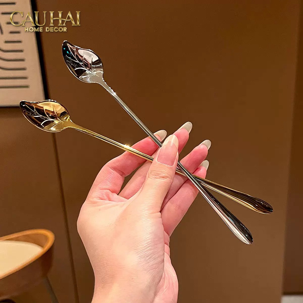 Set Muỗng Dài Thìa Coffee Argent Golden Leaf Coffee Spoon Set 4pcs. 2.2x19.5cm-Desert / Coffee / Latte Spoon-CẬU HAI HOME DECOR