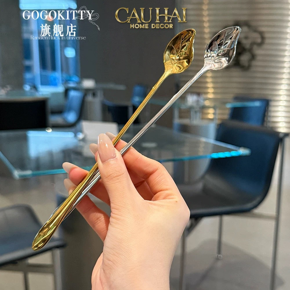 Set Muỗng Dài Thìa Coffee Argent Golden Leaf Coffee Spoon Set 4pcs. 2.2x19.5cm-Desert / Coffee / Latte Spoon-CẬU HAI HOME DECOR