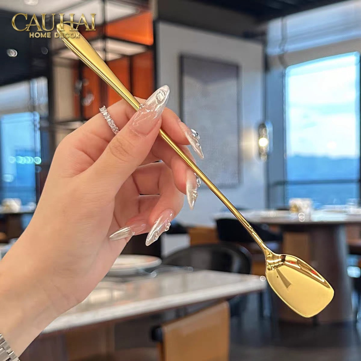 Set Muỗng Dài Thìa Coffee Silver Golden Square Head Coffee Spoon Set 4pcs. 2.2x19.5cm-Dinner Cutlery Set Dao Muỗng Nĩa-CẬU HAI HOME DECOR