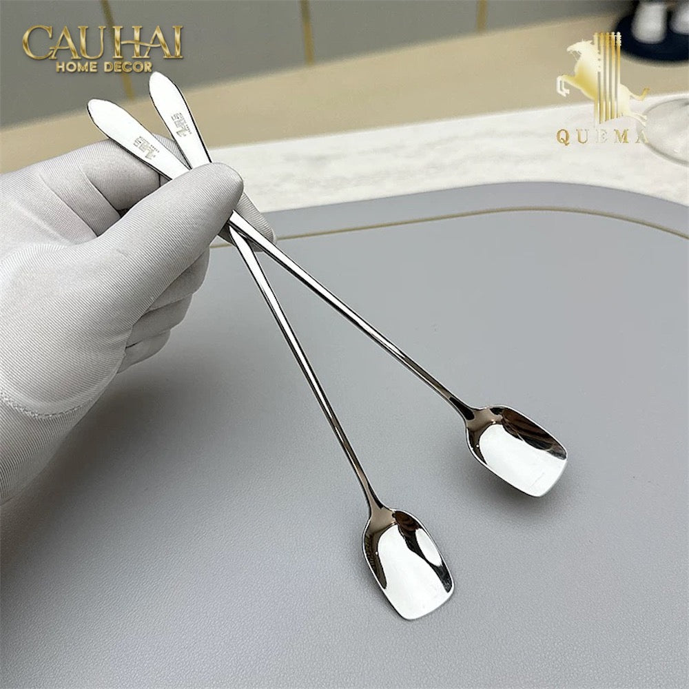 Set Muỗng Dài Thìa Coffee Silver Golden Square Head Coffee Spoon Set 4pcs. 2.2x19.5cm-Dinner Cutlery Set Dao Muỗng Nĩa-CẬU HAI HOME DECOR